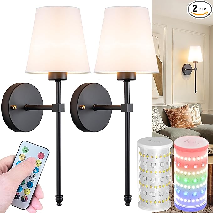 Wall Sconces Set Of Two Battery Operated, Wireless Sconces Wall Lighting Indoor Battery Operated Sconces With Remote Control, 10000mAh RGB Dimmable Rechargeable Wall Sconce For Bedroom, Including Bulb
