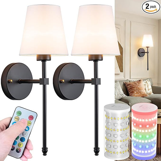 Wall Sconces Set Of Two Battery Operated, Wireless Sconces Wall Lighting Indoor Battery Operated Sconces With Remote Control, 10000mAh RGB Dimmable Rechargeable Wall Sconce For Bedroom, Including Bulb