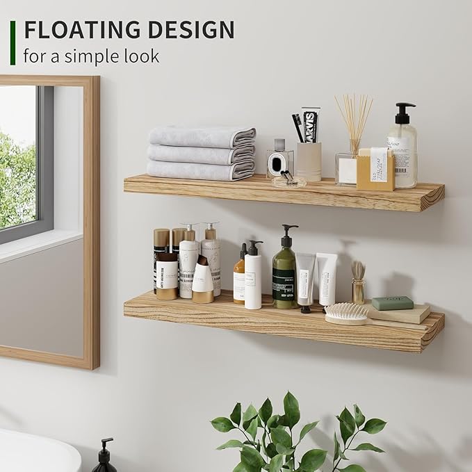 Marsmiles Wood Floating Shelves for Wall Set of 2, 24 Inch Wide Rustic Wooden Floating Shelves, Invisible Wall Mounted Display for Living Room Bedroom Kitchen Bathroom Office, Carbonized Black