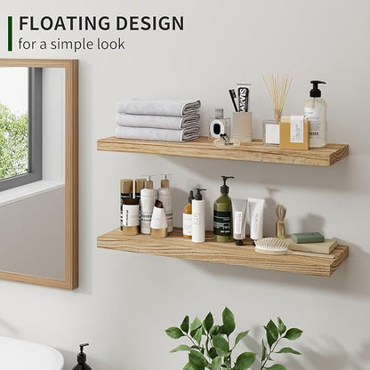 Marsmiles Wood Floating Shelves for Wall Set of 2, 24 Inch Wide Rustic Wooden Floating Shelves, Invisible Wall Mounted Display for Living Room Bedroom Kitchen Bathroom Office, Carbonized Black