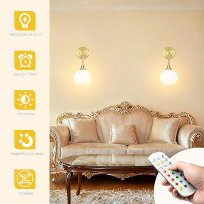 Battery Operated Wall Sconces Set of 2, Gold Rechargeable Wireless Wall Lights with Milky White Shade, 12 RGB and 3CCT Dimmable Wall Lamps with Remote for Bedroom Living Room Hallway