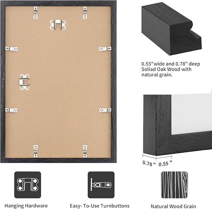 puthiac 16x24 Solid Oak Wood Picture Frame, No Mat, Wall Display Only, Vertical or Horizontal, Plexi Front, 1 Pack, Black