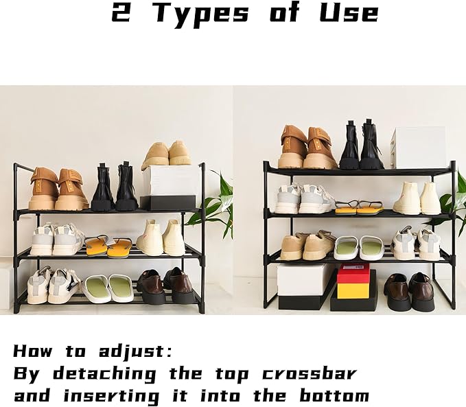 Shoe Rack Organizer, 3-Tier Reversible Metal Space Saving Shoe Storage Shelf - for Entryway, Closet, Front Door, Bedroom, Garage & Corridor-Closet Organizer, Garage Storage Shelves (Black)