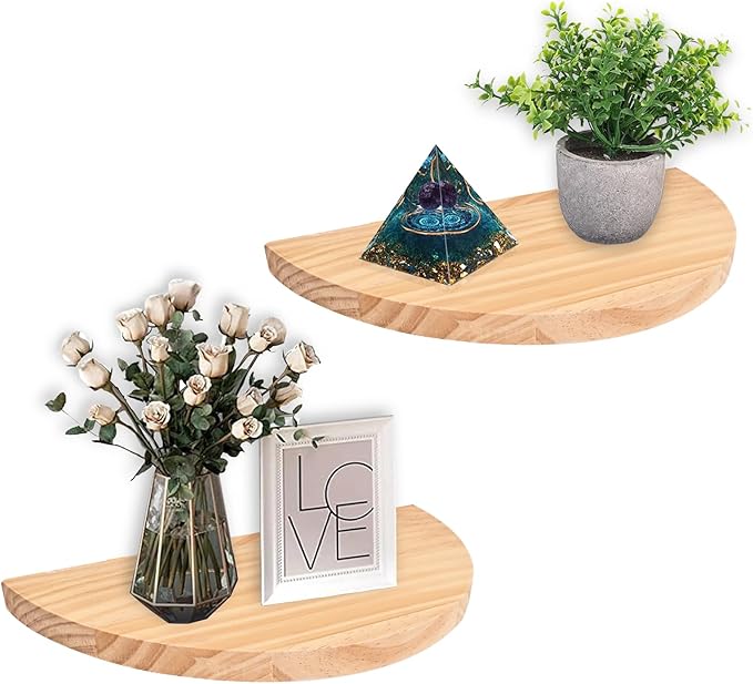 Small Floating Plant Shelves Set of 2 - Rustic Wood Half Circle Shelves for Bedroom Living Room Bathroom Kitchen Office (Natural)
