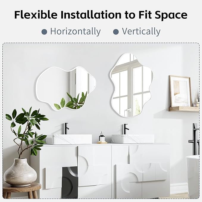 CULER Irregular White Bathroom Wall Mirror,22 x 30 Inch Asymmetrical Vanity Modern Tempered Glass Mirror for Bedroom,Living Room,Entryway