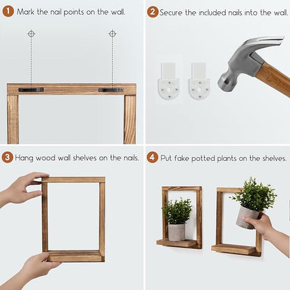 2 Pack Wooden Framed Shelves with Fake Plants for Home Wall Decor, Modern Farmhouse Wood Wall Art for Living Room, Bedroom, Bathroom