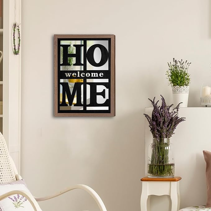 Welcome Home Signs Wall Decor, Wooden Rustic Farmhouse Square Wall Mirror，Accent Mirror for Living Room, Bedroom, Entryway 18”x12”