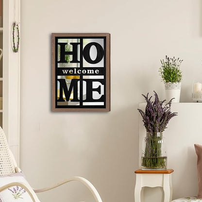 Welcome Home Signs Wall Decor, Wooden Rustic Farmhouse Square Wall Mirror，Accent Mirror for Living Room, Bedroom, Entryway 18”x12”