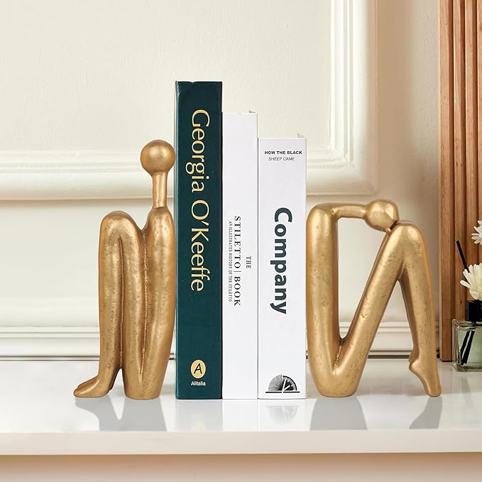 Thinker Cast Iron Bookends, Heavy-Duty Decorative Book End Stoppers for Shelves, Abstract Decor Aesthetic, Smooth Finish Book Holders for Office Decor, 1 Pair/2 Pieces, 9