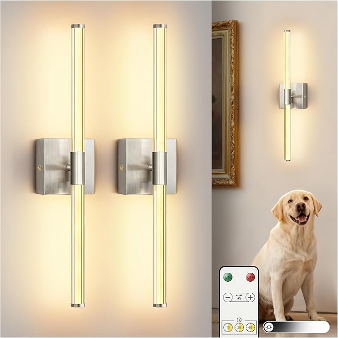 L LOHAS LED Battery Operated Wall Sconce Set of 2, 10000mAh Nickel Battery Wall Sconce 360 Full Lighting, 3000K Dimmable Wireless Wall Light, Sconce Wall Decor for Bathroom, Bedroom, Living Room, 24in