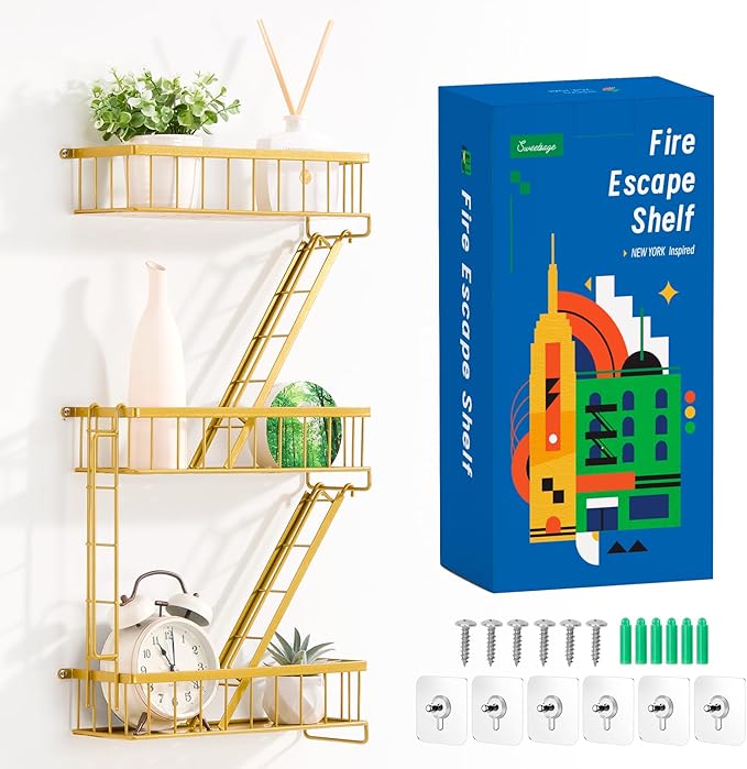 Fire Escape Wall Shelf Gold - New York Decorative Ladder Shelf, Metal Decorative Shelving for Living Room, Home Décor, Action Figure Display (3-Tier)