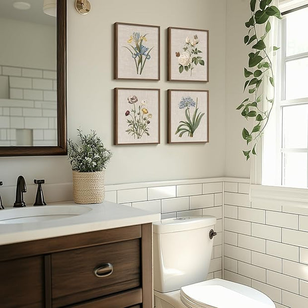 Framed Botanical Wall Art for Bathroom, 4 Piece Vintage Floral Canvas Painting Prints Artwork Farmhouse Wall Decor, Rustic Flower Butterfly Pictures for Bedroom Kitchen Hallway Home Decor, 8x10 Inch