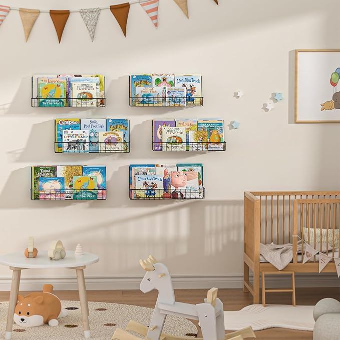 X-cosrack Floating Book Shelves for Wall Kids Bookshelf,Metal Hanging Wall Mounted Shelf for Nursery Toddler, Kids Room, Classroom,Set of 6,Black,2 Sizes