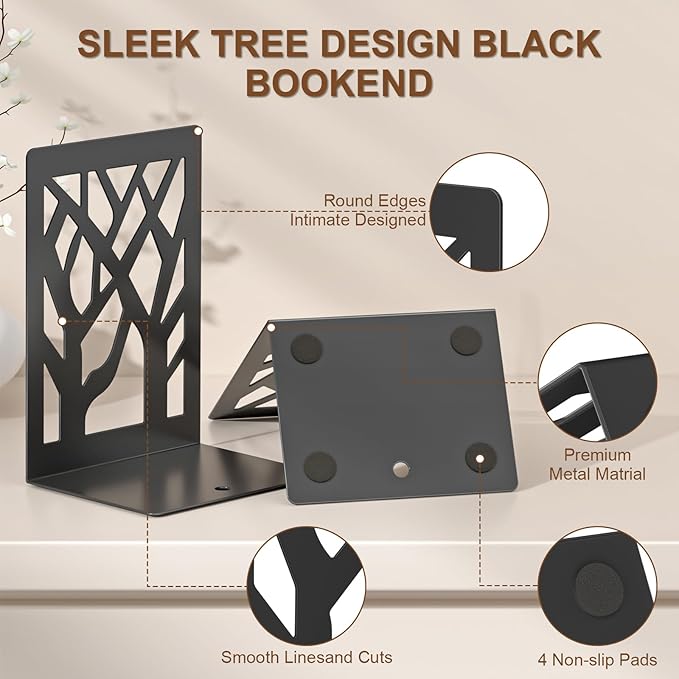 VFINE 6-Piece Modern Metal Bookends for Shelves, Black Tree Book Ends for Books, Decorative Book Organizer for Desk, Non-Skid Shelve Bookends for Home Office