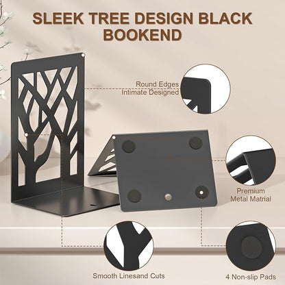 VFINE 2-Piece Modern Metal Bookends for Shelves, Black Tree Book Ends for Books, Decorative Book Organizer for Desk, Non-Skid Shelve Bookends for Home Office