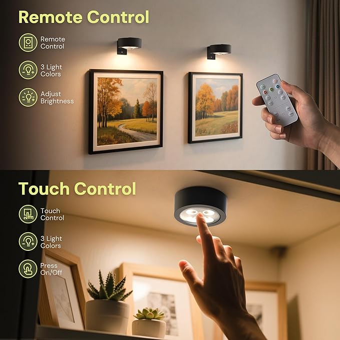 L LOHAS LED Black Battery Operated Picture Light, 3Pcs Magnetic Led Painting Light with Remote Dimmable and Timer, Art Display Light for Picture Frame Paintings, Wireless Wall Decor Puck Lights, 3CCt