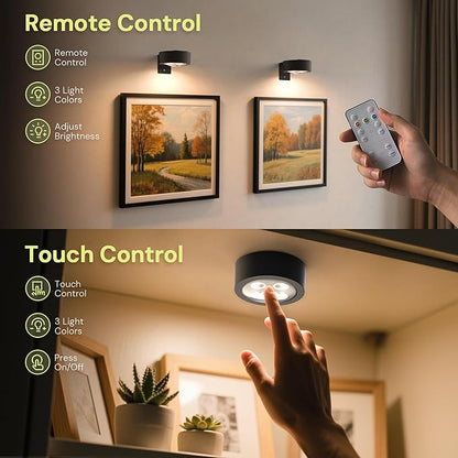 L LOHAS LED Black Battery Operated Picture Light, 3Pcs Magnetic Led Painting Light with Remote Dimmable and Timer, Art Display Light for Picture Frame Paintings, Wireless Wall Decor Puck Lights, 3CCt