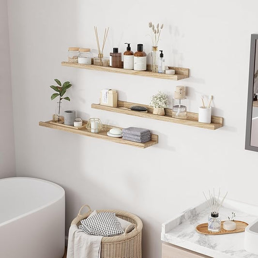 RICHFOCUS Floating Shelves for Wall, 36 inch Solid Wood Picture Ledge Shelf for Wall Storage, Nursery Book Shelves with Lip for Living Room Bathroom Bedroom Kitchen, Set of 3, Carbonized Black