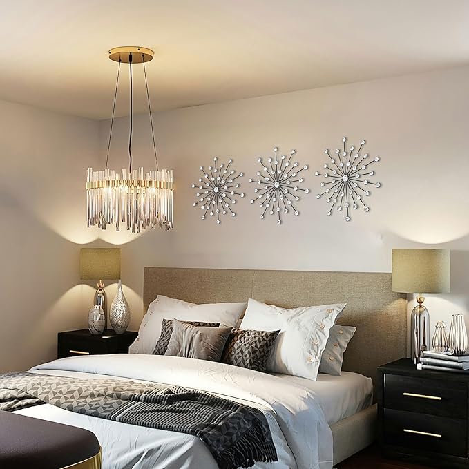 ZEXUIRU 3 Pack Black Sunburst Wall Decor – Metal Crystal Wall Art with Sparkling Rhinestones, 14’’/18 Inch Starburst Wall Hanging Set for Living Room Bedroom Bathroom – Modern Bling Home Decorations