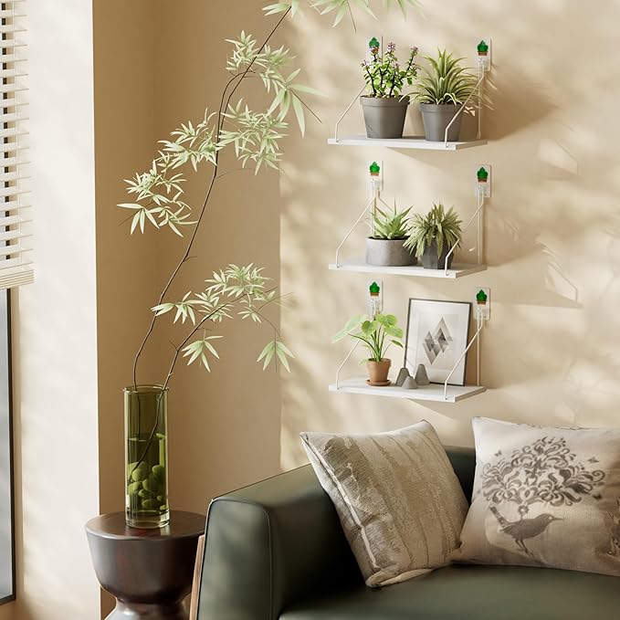 Elevate Your Space with Rustic Wood Floating Shelves Set of 3- Perfect for Bedroom, Living Room, Bathroom, and Kitchen Decor - Easy Installation, No Drilling Needed! White