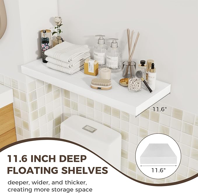 Fun Memories 12 Deep Floating Shelves for Wall | 30W x 12D Large Floating Shelves | 3 Pack Storage Space Wall Mount Shelf for Living Room Bathroom Toilet Laundry Room Kitchen Home Office - White