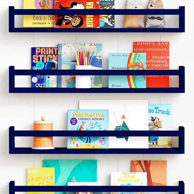 Forbena Wall Book Shelf Organizer for Kids Room Set of 4, Large Floating Book Shelves for Boy Nursery Wall Deocr, 24 Inches Wall Mount Bookshelf for Toddler Child Teen Boys Bedroom (Navy Blue)