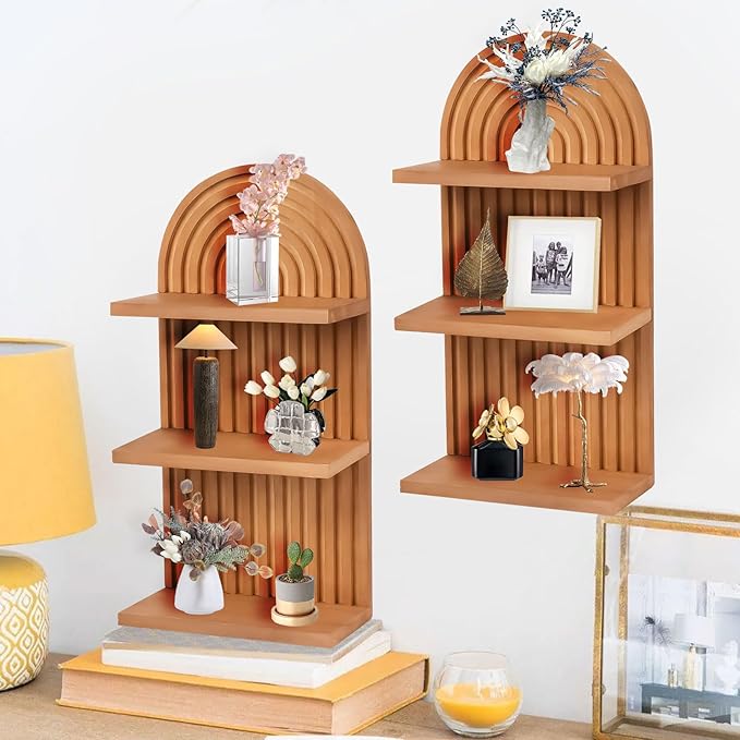 2 Pieces Boho Wall Shelf,3 Tier Arch Wooden Mid Century Shelves Decorative Rainbow Hanging Shelves,Bohemian Floating Shelves,wall Mounted Wood ArchWall Decor for Living Room Display (02)