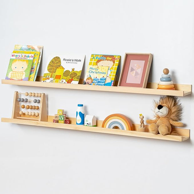 Picture Ledge Shelf, Floating Shelves Set of 2, Solid Ash Wood 48'' Long Large Nursery Book Shelves for Toys Storage, Kids Bookshelf for Living Room Bedroom Decor Books Photo Frames, Natural