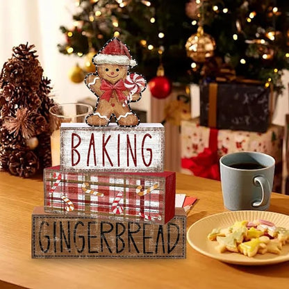 DIYDEC 4Pcs Christmas Table Decoration Gingerbread Man Wooden Block Sign Christmas Tiered Tray Decor Centerpiece Decorative Sign for Xmas Holiday Tabletop Coffee Fireplace Shelf Desk Party Decor