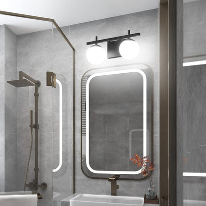 Ralbay Matte Black Bathroom Light Fitures 2-Light Mid Century Modern Bathroom Light Fixture Matte Black Milky Glass Ball Wall Light Black 2 Light