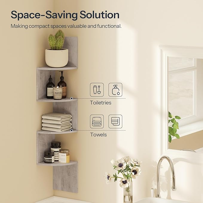 HOOBRO Corner Shelf Wall-Mounted, Set of 2 Floating Corner Shelves, 4-Tier Corner Bookshelves for Wall Decor in Living Room, Bedroom, Bathroom, Home Office, Greige BG25BJP201
