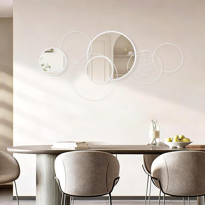 White Wall Mirror Set, 4 Pack Wall Mounted Circle Metal Mirror Round Decorative Modern Mirrors for Living Room Bedroom Entryway Decor 20x40 Inch