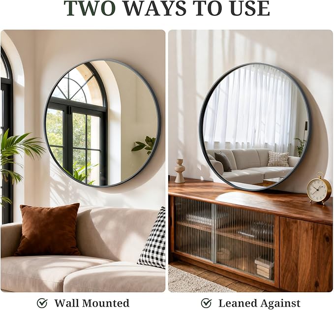 Round Wall Mirror 30 Inch Black Vanity Mirror with Metal Frame, Modern Circle for Bathroom, Entryway, Bedroom, Living Room, Wall Mounted Decorative Mirrors