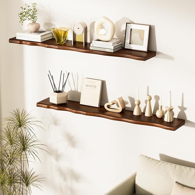 Floating Shelves for Wall Rustic Farmhouse 48 Inch Floating Shelf Bathroom Wooden Shelves for Wall Mounted Live Edge Pine Shelf with Unique Natural Grain for Living Room Bedroom Kitchen (Walnut)