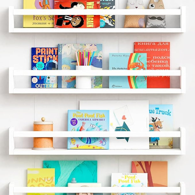 Forbena 24 Inch Wall Bookshelf for Kids Bedroom Set of 4, White Floating Nursery Book Shelves for Baby Toddler Children Girls Boys Room Decor, Large Wood Wall Mount Bookshelves and Toy Storage