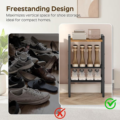 4-Tier Narrow Shoe Rack, Tall Shoe Rack for 4-8 Pairs, Slim Shoe Storage Organizer with Wooden Top, Space Saving, Metal Frame, for Entryway, Rustic Brown and Black SS64BR