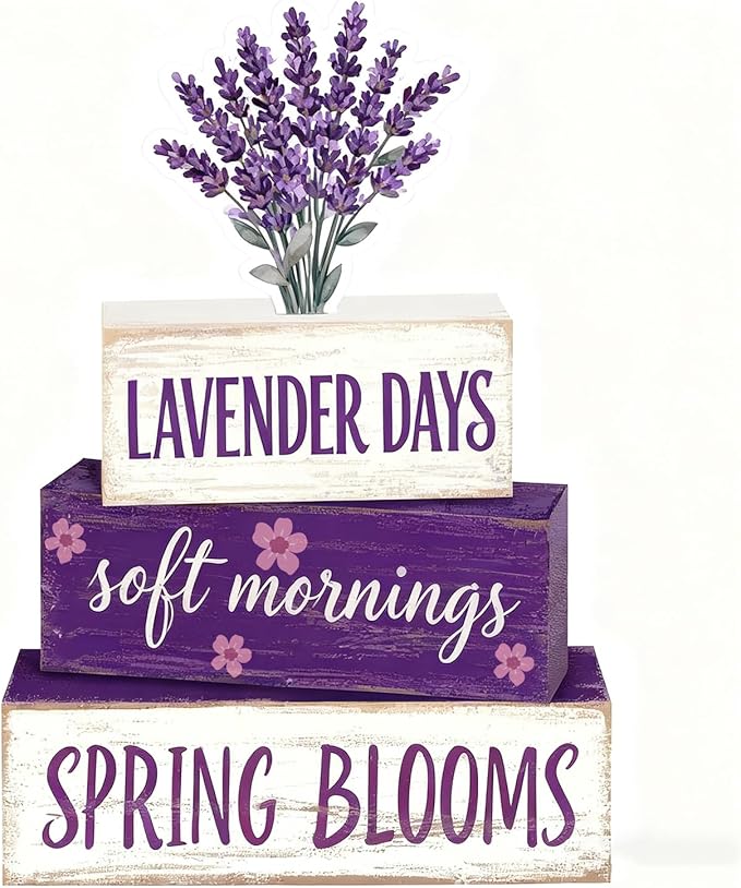 Spring Decoration Wooden Tiered Tray Decor – Rustic Lavender Days Stacked Block Sign with Lavender Flower Topper – Farmhouse Tabletop Spring Decor for Living Room Shelf Kitchen Coffee Bar Seasonal Home Display