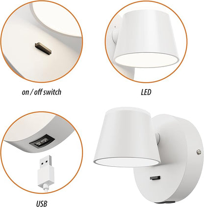 URSOLA Wall Light Set of Two, LED Wall Sconce with On/Off Switch USB Charging Port 110 Volt Hardwired Wall Lamp 350 Rotatable Up Down Sconces Wall Lighting (White)