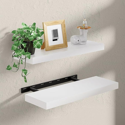 Heimlove 24 Inch Floating Shelves for Wall White Shelves Set of 2,Wall Mounted Rustic Wood 8 Inch Deep Floating Shelf with Invisible Brackets for Bedroom Kitchen Living Room