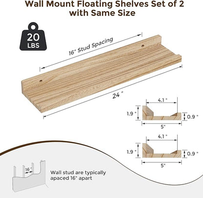 RICHFOCUS Floating Shelves for Wall, 24 inch Solid Wood Picture Ledge Shelf for Wall Storage, Nursery Book Shelves with Lip for Living Room Bathroom Bedroom Kitchen, Set of 2, Carbonized Black