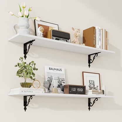 RICHFOCUS Floating Shelves for Wall Decor, 39.4W x 8D Shelves Set of 2, 8 Inch Deep Rustic Wood Shelves Wall Mounted with Brackets, Long Floating Shelves for Living Room Bedroom Kitchen, White