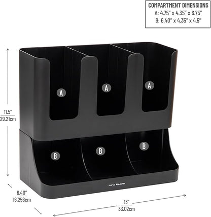 Mind Reader Cup and Condiment Station, Countertop Coffee Bar Organizer with 6 Compartments, Storage Caddy for Cups Lids and Packets, Plastic, Black