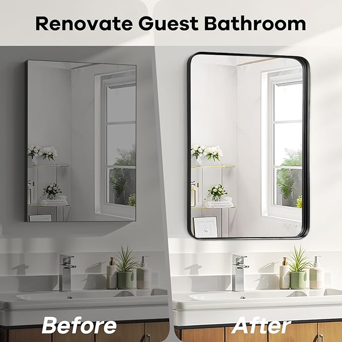 Black Mirror for Bathroom Wall - 26x38 Inch Bathroom Mirrors Over Sink with Rectangular Metal Frame, Black Vanity Rectangle Mirror for Restroom, Hallway, Home Office