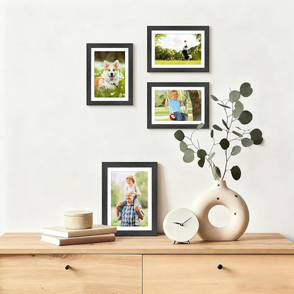 5x7 Picture Frame Set of 4, Displays 4x6 with Mat or 5x7 Without Mat, Photo Frames for Wall Hanging or Tabletop, Includes HD Plexiglass, Black