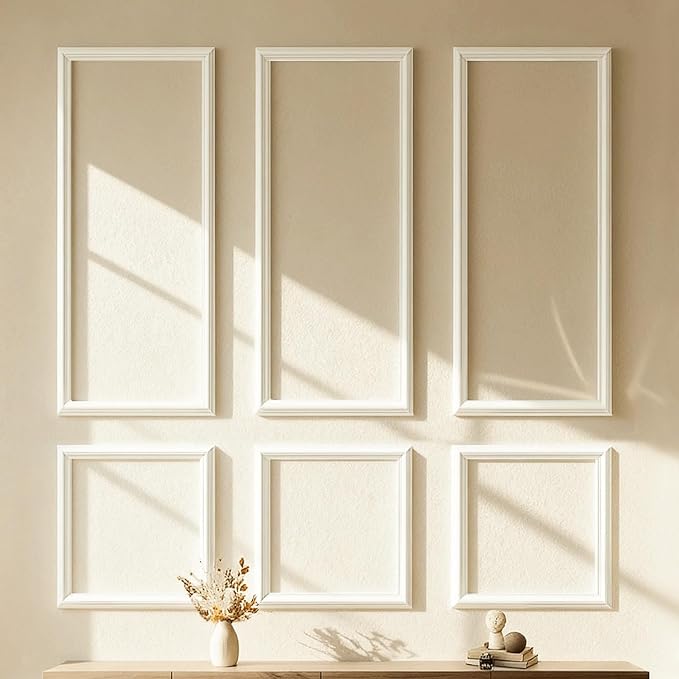 VCK Pre-Cut Wall Molding Kit, Set of 6 | 3D Ready-to-Assemble Wainscoting Panels for Accent Wall Decor | Easy Glue Installation for Living Room, Bedroom (3 Top & 3 Bottom)
