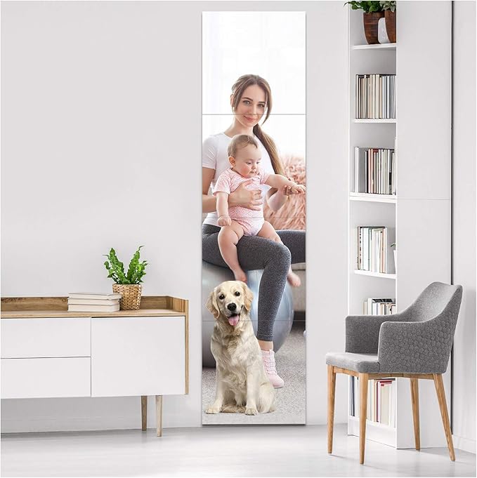 EVENLIVE® Full Length Mirror Tiles, Frameless Glass Wall Mirror 12 Inch x 4 Pieces, Body Mirror, Long Mirror, Gym Mirrors for Home Gym, for Door, Closet, Room, Easy to Install