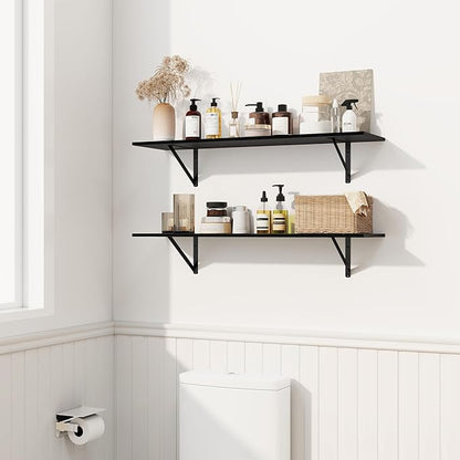 Fun Memories Deep Floating Shelves for Wall, 36W x 8D Wall Mounted Shelves Set of 2, Wide Display Ledge Shelf with Sturdy Metal Brackets for Living Room, Bathroom, Bedroom and Kitchen, Black