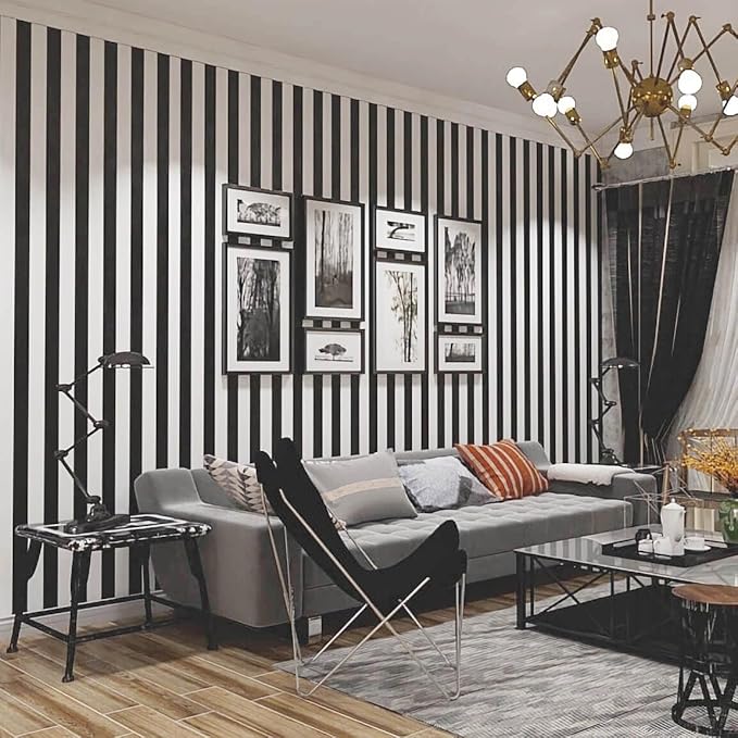 Black and White Striped Peel and Stick Wallpaper Self-Adhesive Removable Waterproof Wallpaper Wall Covering Cabinets Shelves Decorative A Set of 17.3
