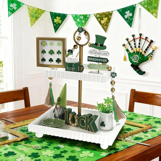 St Patrick's Day Decoration 8 PCS Tiered Tray Decor Set, Cute Tabletop Saint Patty's Day Décor for Home Shelf Mantel Fireplace Office Desk Coffee Bar Shamrock Sign Gnome Lucky Irish Tray Objects