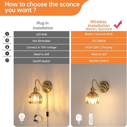 Vintage Battery Operated Wall Sconce Set of 2, 5000mAh Rechargeable Wall Light, Indoor Battery Powered Wall Lamp for Bedside Bedroom Living Room, Tulip Amber